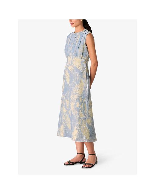 Whistles Blue Devore Swirl Sleeveless Velvet Midi Dress