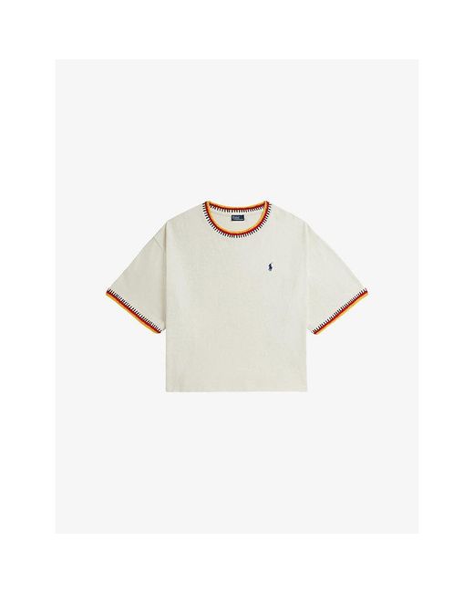 Polo Ralph Lauren White Boxy Crochet-Trim Cotton T-Shirt