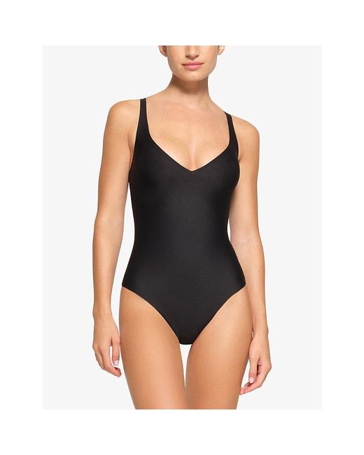 Skims Black Plunge-Neck Thong Stretch-Woven Bodysuit