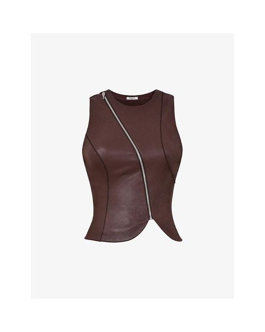 Mistress Rocks Brown Asymmetric-Zip Sleeveless Faux Leather Top