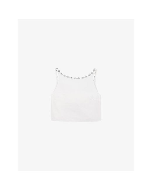 Maje White Sleeveless Jewelled-Collar Taffeta Cropped Top