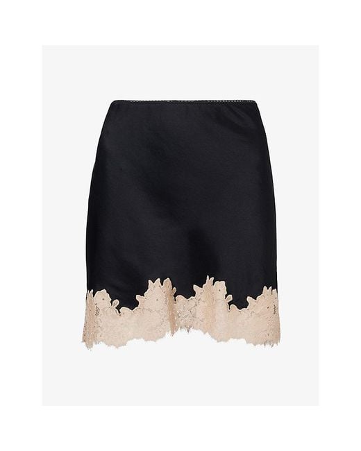 Rixo Black Ariah Lace-Trim Satin Mini Skirt