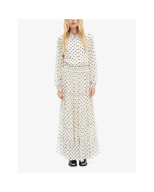 The Kooples White Heart-Print Tiered-Hem Woven Maxi Dress