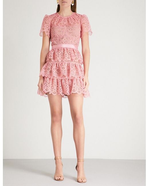 Self-Portrait Pink Tiered Lace Mini Dress