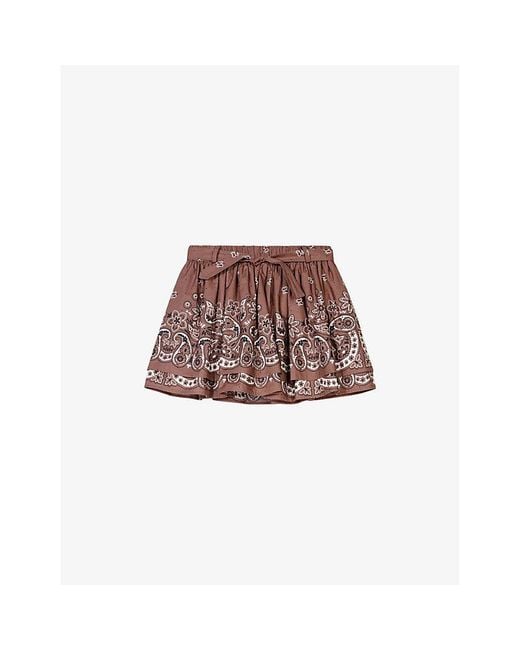 Maje Brown Paisley-Print Rhinestone-Embellished Cotton Mini Skirt