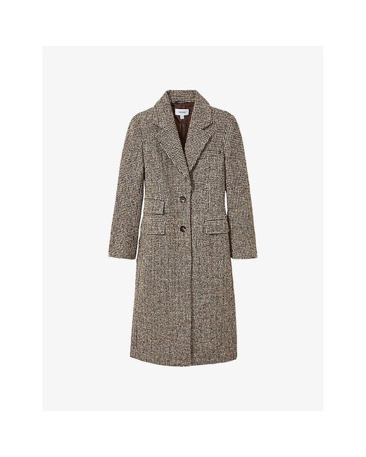 Reiss Brown Kai Houndstooth Check-Pattern Wool-Blend Coat
