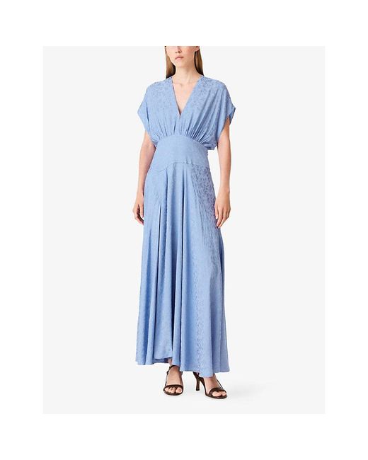 Maje Blue Jacquard V-Neck Woven Maxi Dress