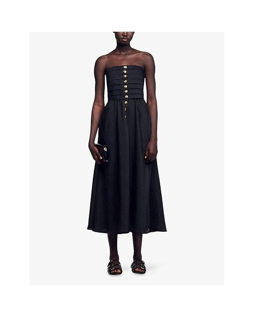 Sandro Black Button-Embellished Bandeau Cotton Midi Dress