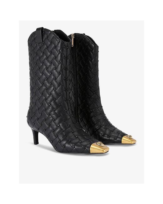 Kurt Geiger Black Regent Crystal-Embellished Heeled Quilted-Leather Calf Boots