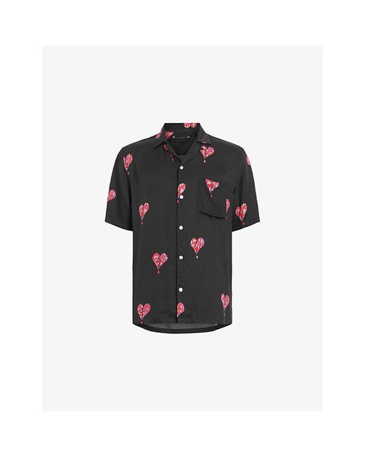 AllSaints Black Ikuma Heart-print Relaxed-fit Woven Shirt for men