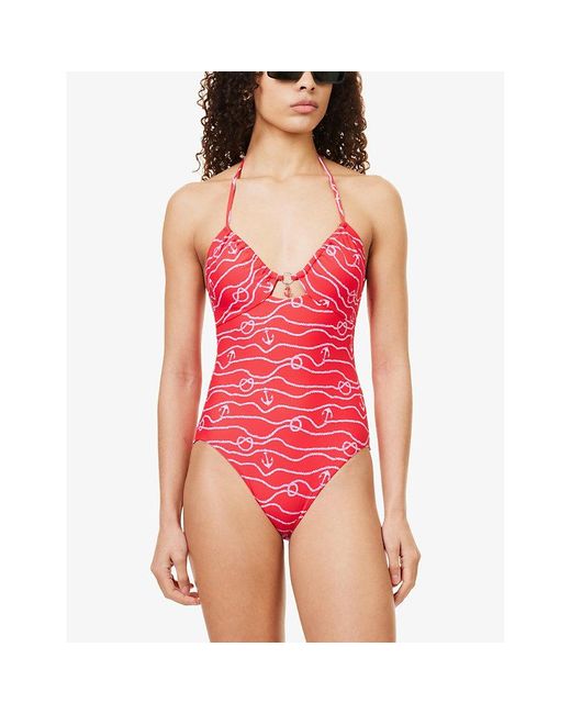 Seafolly White Set Sail Graphic-pattern Stretch Recycled-nylon Swimsuit