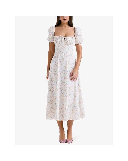 House Of Cb White Tallulah Puff-sleeved Cotton-blend Midi Dress