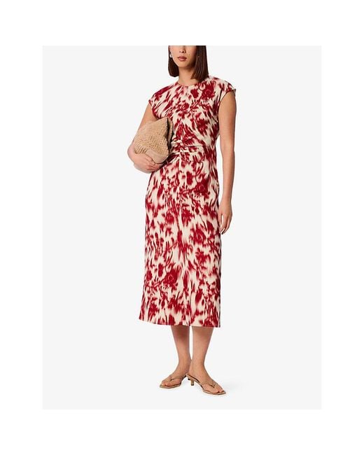 Whistles Blurred Floral-Print Ruched Stretch-Crepe Midi Dress