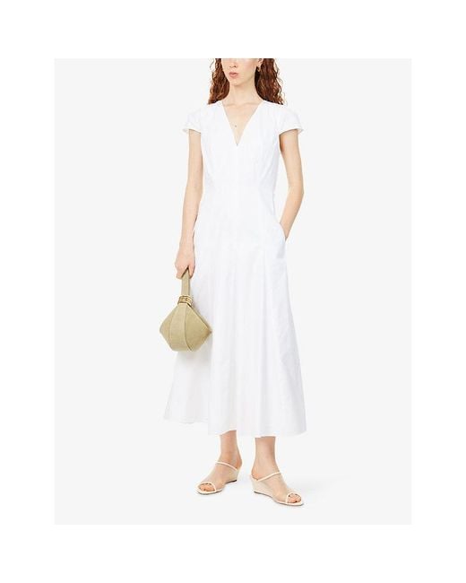 ME+EM White V-Neck Cap-Sleeve Cotton-Blend Midi Dress