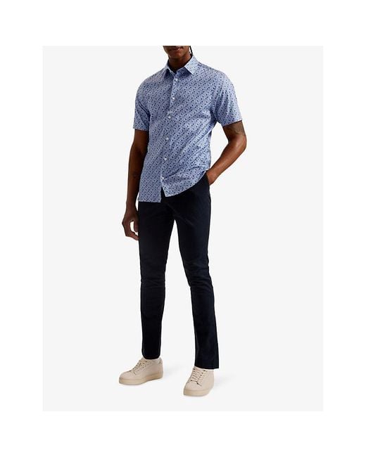 Ted Baker Blue Geometric-pattern Short-sleeve Stretch-cotton Shirt for men