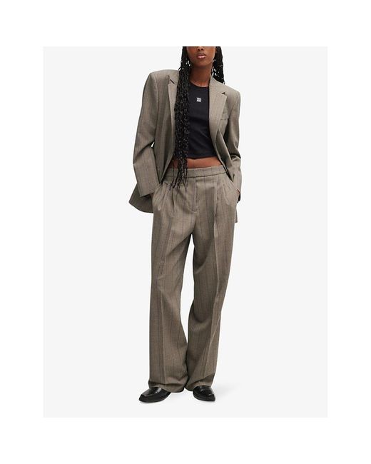 HUGO Gray Wide-Leg High-Rise Checked Stretch Wool-Blend Trousers