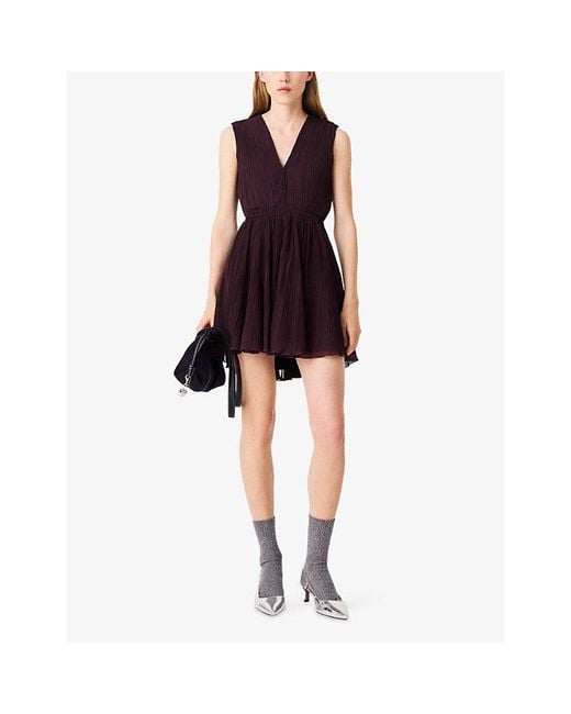 Maje Purple Pleated V-Neck Woven Mini Dress