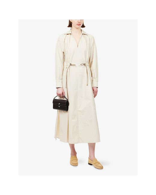 Max Mara Natural Collared Drawstring-Waist Cotton Poplin Midi Dress
