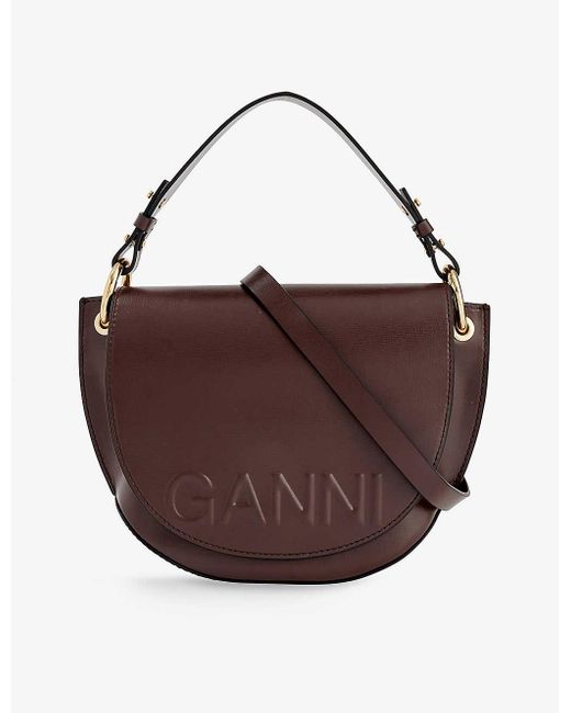 Ganni Brown Banner Logo-embossed Recycled-leather-blend Saddle Bag
