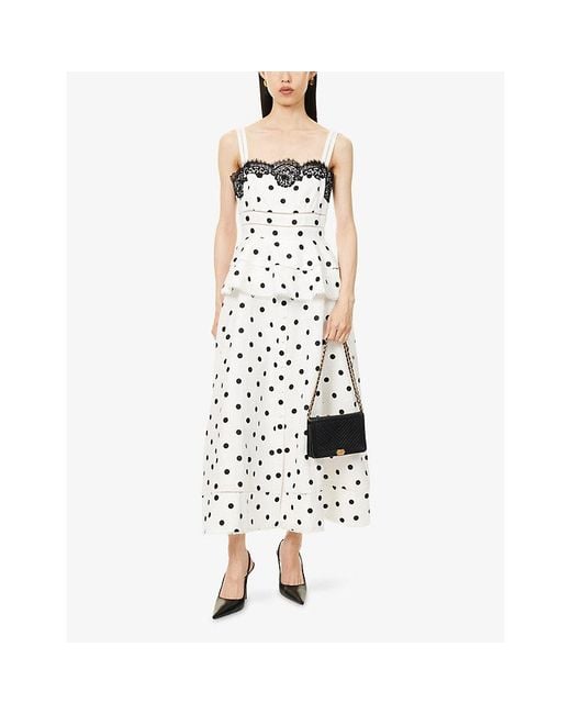 Self-Portrait White Polka-Dot Peplum-Waist Linen And Cotton Midi Dress