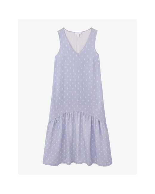 The White Company Purple Graphic-Print Dropped-Hem Linen Midi Dress