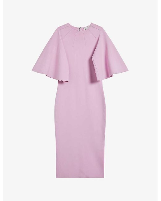 Ted Baker Pink Lounia Fluted-sleeved Bodycon Stretch-knit Midi Dress