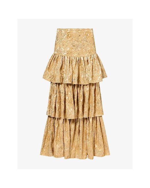 GRACE FAENA Metallic Roses Tiered Beaded Silk Midi Skirt