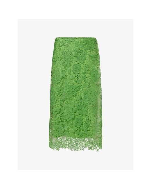Carolina Herrera Green Semi-Sheer Embroidered Lace Midi Skirt