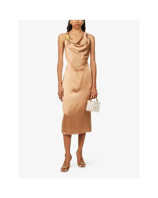 The Dropped Collection Brown Cowl-Neck Sleeveless Silk Midi Dress