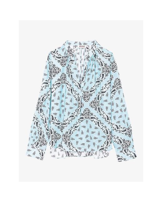Zadig & Voltaire Blue Tink V-Neck Bandana-Print Woven Shirt