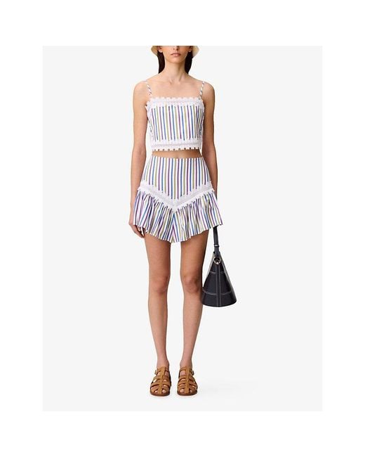 Claudie Pierlot White Striped Lace-Trim Cropped Cotton Top