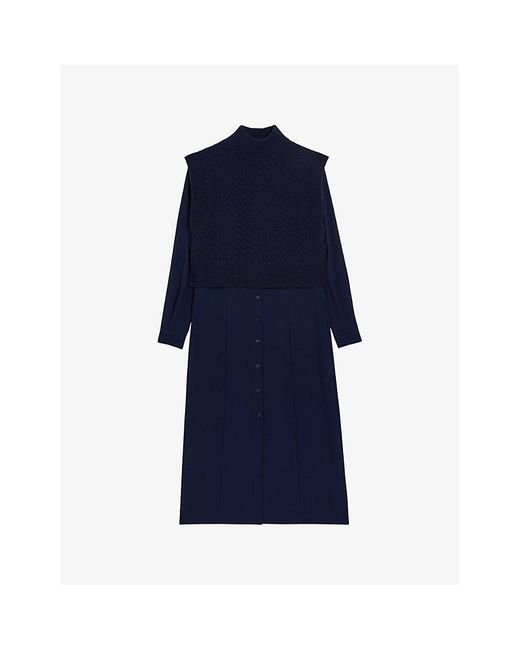 Ted Baker Blue Vy Elsiiey Knit-layer Stretch-woven Midi Dress