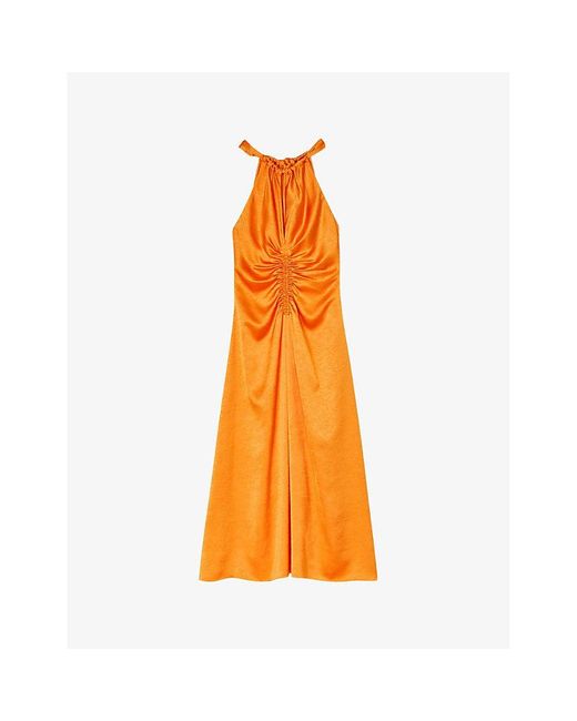 Sandro Orange Ruched Halter-neck Satin Midi Dress