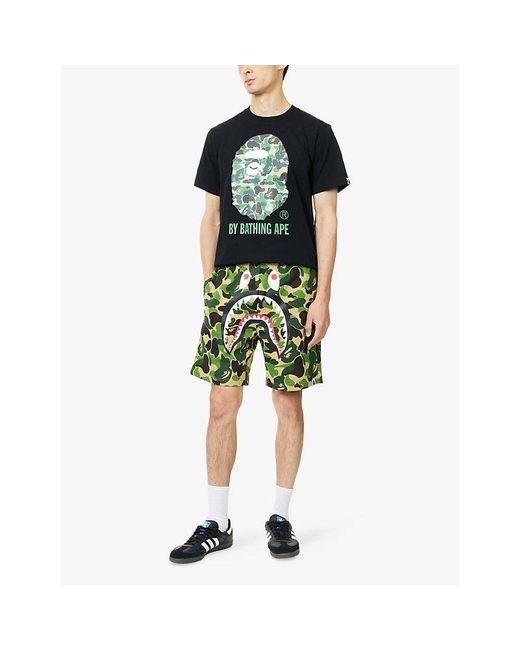 A Bathing Ape Green Camo Shark Printed Cotton Sweat Shorts for men
