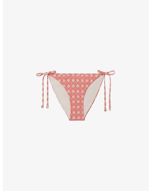Reiss Pink Kallie Fern-print Side-tie Stretch-woven Bikini Bottoms