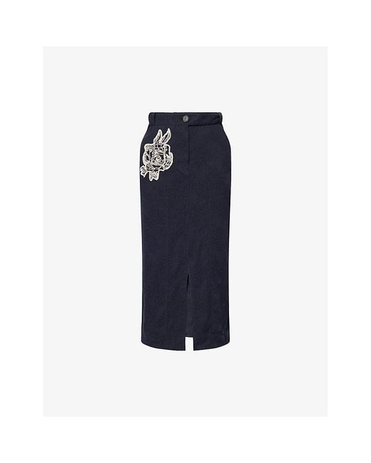 Erdem Blue Flower-Embroidered A-Line Cotton-Blend Midi Skirt