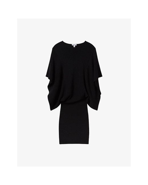 Reiss Black Julia Cape-sleeve Knitted Mini Dress