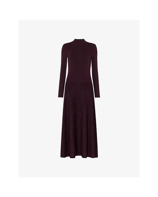 Whistles Purple Funnel-Neck Pleated-Knit Midi Dress