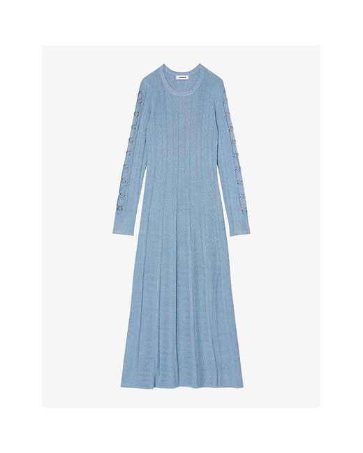 Sandro Blue Eyelet-embellished Long-sleeve Stretch-knit Midi Dress