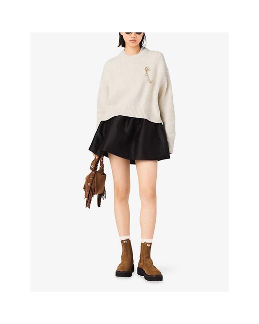 Maje Natural Boxy Floral-Brooch Wool And Cashmere-Blend Jumper