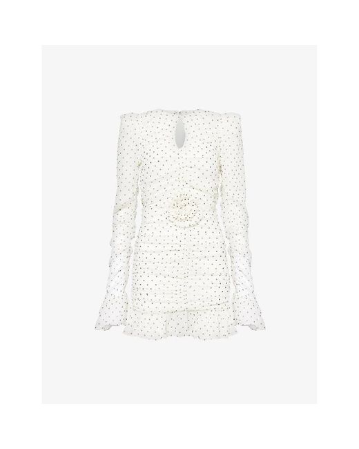 ROTATE BIRGER CHRISTENSEN White Polka-Dot Long-Sleeve Crepe Mini Dress