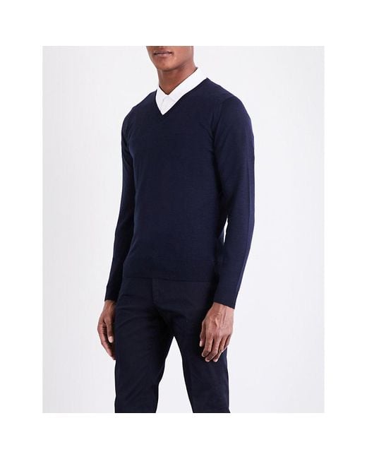 John Smedley Blue Blenheim V-Neck Wool Jumper for men
