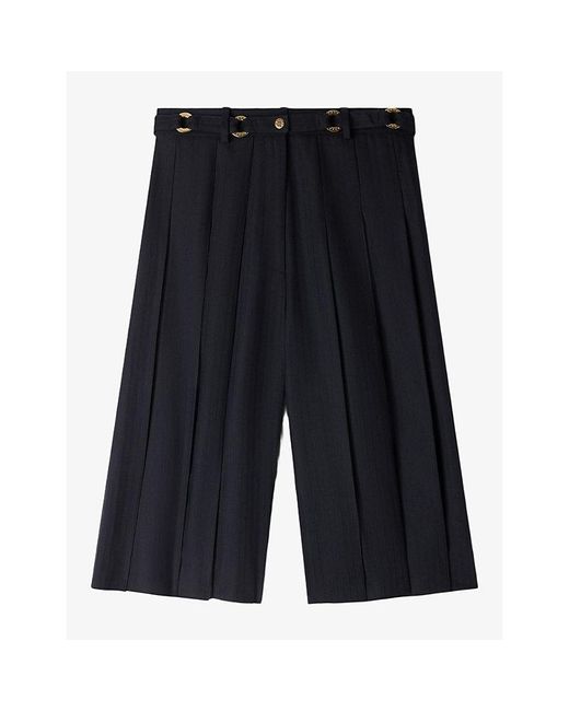 Sandro Black Pleated Long-Line Wool-Blend Shorts