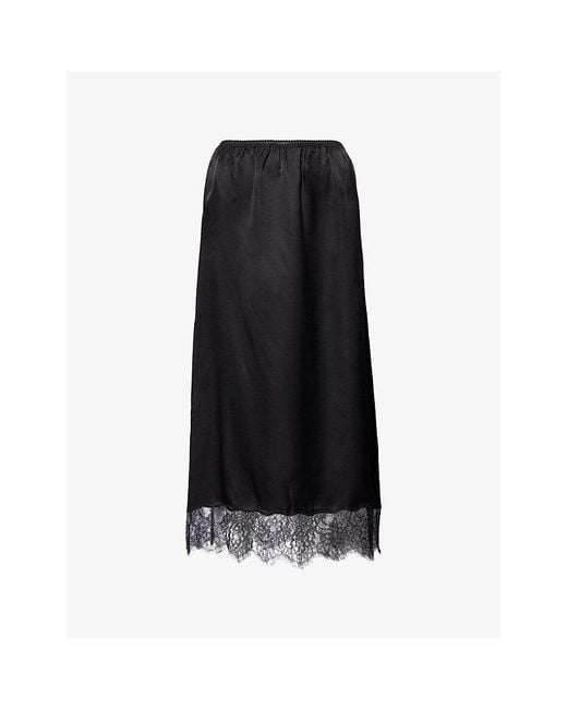 Anine Bing Black Shelby Lace-Trim Silk-Blend Midi Skirt