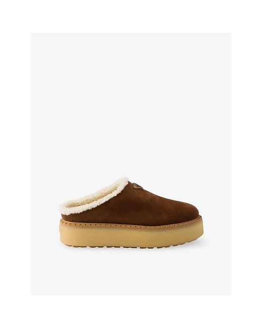 Prada Brown Logo-Plaque Suede Slippers