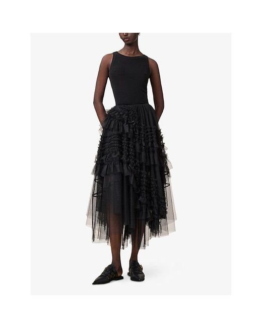 AllSaints Black Jen Asymmetric-Hem Tulle Midi Skirt