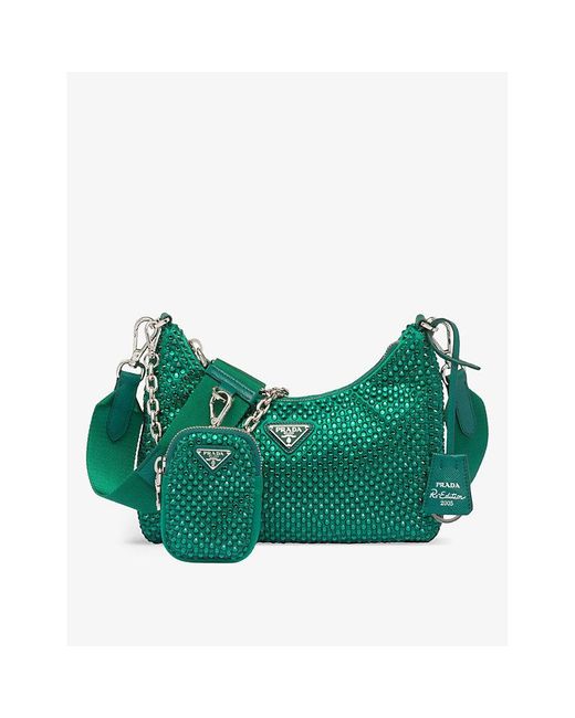 Prada Green Re-edition 2005 Crystal-embellished Satin Shoulder Bag