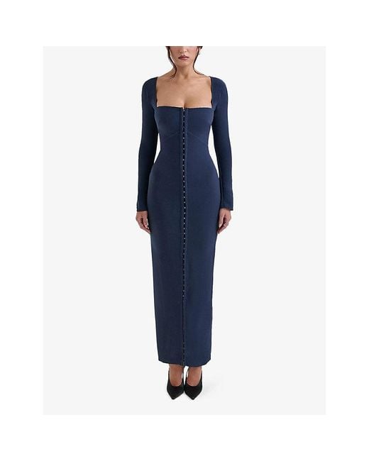 House Of Cb Blue Corinthia Long-Sleeve Bodycon Stretch-Woven Maxi Dress
