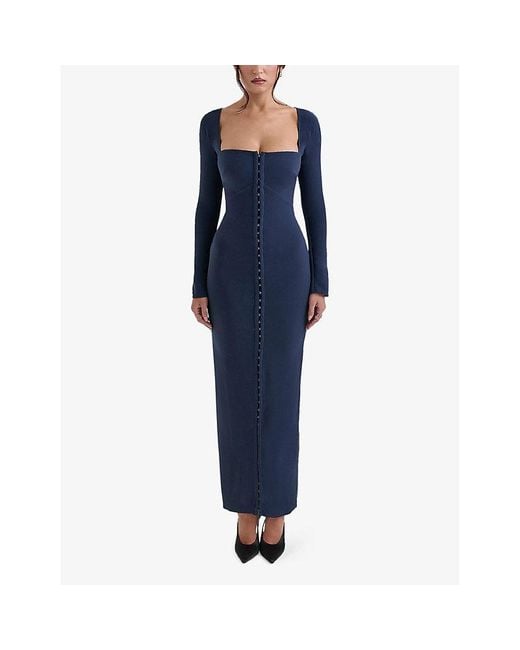 House Of Cb Blue Corinthia Long-Sleeve Bodycon Stretch-Woven Maxi Dress