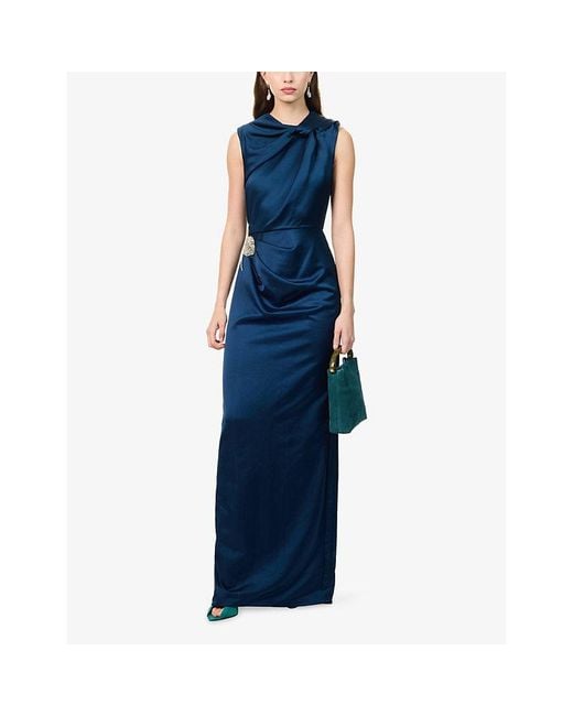 Erdem Blue Draped Embroidered Satin Maxi Dress